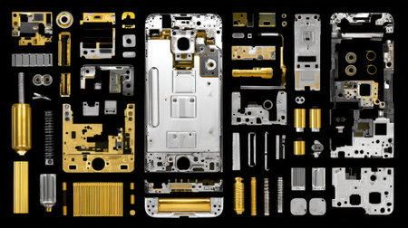 This captivating image features an array of disassembled smartphone components arranged meticulously on a dark background. The metallic and golden finishes highlight the intricate details and technical artistry of modern electronics, providing a perfect visual for tech and design enthusiasts.の素材
