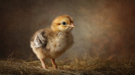 A delightful portrait of a fluffy chick standing on straw, radiating innocence and charm with a soft textured background enhancing its appeal.の素材
