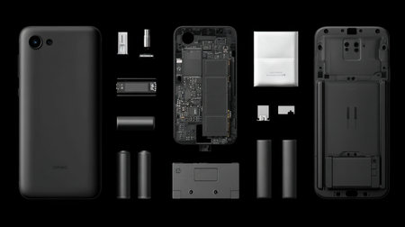 A detailed display of disassembled smartphone components arranged on a black background. This image showcases various parts including batteries, circuit boards, and casing, ideal for technology and repair concepts.の素材