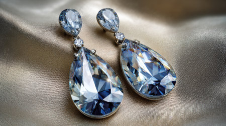 Discover the charm of these elegant teardrop earrings adorned with sparkling blue gemstones. Set against a soft silk background, they are perfect for fashion and jewelry enthusiasts alike.の素材