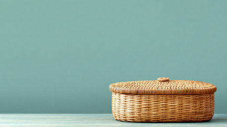 This image features a beautifully woven storage basket resting on a wooden surface, set against a soft green wall, perfect for enhancing home organization.の素材