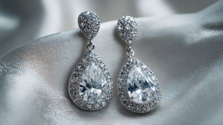 Captivating teardrop earrings featuring shimmering crystals, beautifully displayed on a luxurious satin background, perfect for elegant occasions and collections.の素材