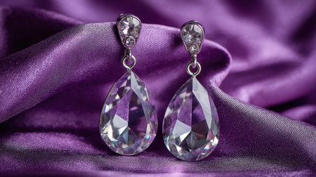 A stunning pair of teardrop earrings featuring brilliant sparkling crystals, resting on a sumptuous purple fabric backdrop, evoking elegance and luxury.の素材