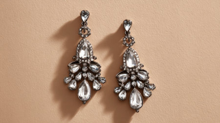 This image showcases a pair of elegant drop earrings made of stunning crystals, perfect for highlighting fashion and jewelry designs. The soft beige background enhances the intricate details and sparkle of the piece, making it ideal for promotional use.の素材