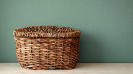 A beautifully crafted wicker basket rests on a wooden surface, enhancing the aesthetics of any indoor space. Its warm tones and natural materials make it ideal for stylish organization.の素材