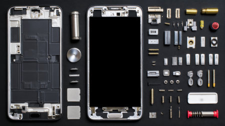 An intricate arrangement of smartphone components on a black background, showcasing intricate parts for technology enthusiasts, repair specialists, and designers.の素材