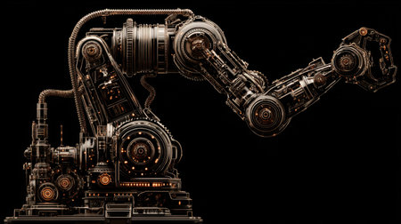 This image showcases an advanced robotic arm featuring a detailed mechanical design with intricate components and LED lights. The dark background emphasizes the arm's futuristic appearance, making it a perfect representation of modern automation and engineering.の素材