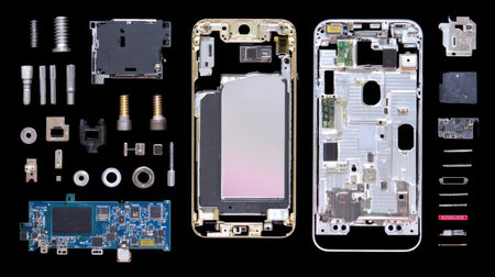 A captivating flat lay of disassembled smartphone components, showcasing the intricate technology and design elements involved in modern mobile devices.の素材