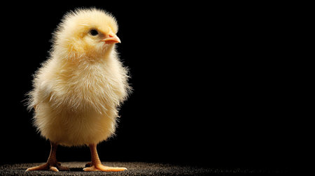 This image features an adorable fluffy yellow chick standing proudly against a dark background, highlighting its delicate feathers and charming personality.の素材
