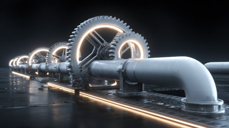 This image showcases a futuristic industrial setting featuring intricate gears and pipes illuminated by neon lights, highlighting advanced engineering and design.の素材