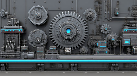A visually striking industrial mechanism background featuring intricate gears and high-tech elements in a dark color palette showcasing innovation and design.の素材