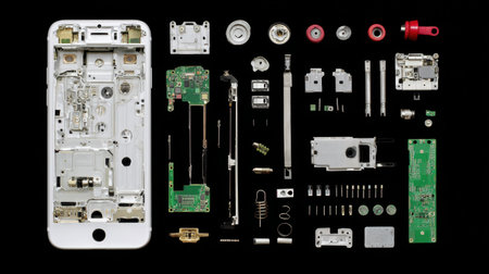 This image showcases a detailed disassembly of smartphone components arranged on a black background, perfect for technology and electronics projects.の素材