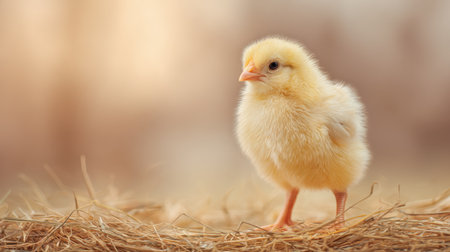 A charming yellow chick stands on a bed of hay, illuminated by soft, warm light, evoking feelings of innocence and serenity in nature.の素材