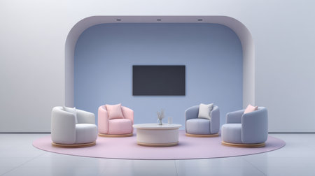 A stylish modern interior showcasing a cozy seating arrangement with lounge chairs in soft pastel colors, perfect for relaxation and aesthetic appeal.の素材