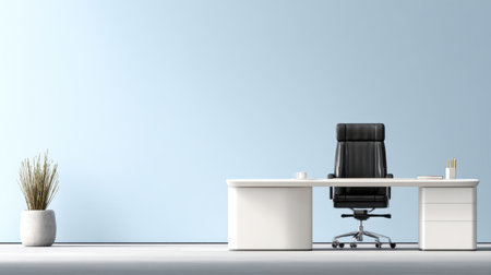 This image showcases a modern minimalist office setup featuring a sleek black desk chair and a white desk against a soft blue wall, creating a serene workspace.の素材