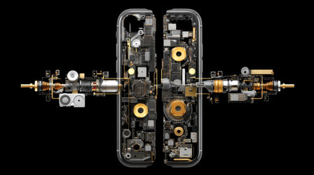 A detailed cross-section view showcasing the internal architecture of a modern smartphone, revealing intricate components and circuitry. This image emphasizes the technological innovation and design of mobile devices.の素材