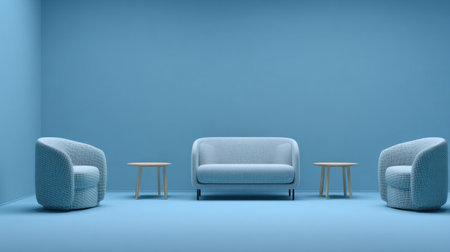 A serene minimalist living room featuring a soft blue color scheme, modern sofa, and stylish armchairs. The inviting space is perfect for relaxation.の素材