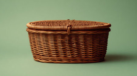 A beautifully woven wicker basket with a rounded lid, perfect for stylish storage in a minimalist setting. Ideal for organizing spaces.の素材