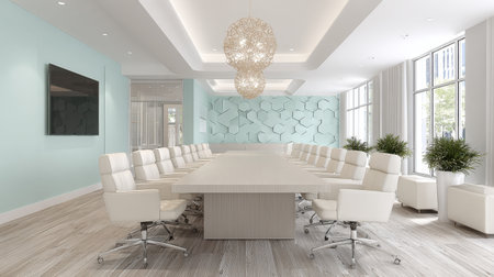 A spacious and modern conference room featuring elegant lighting, sleek furniture, and a stylish design, perfect for professional meetings and presentations.の素材