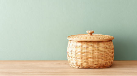 A beautifully crafted woven basket sits on a wooden surface, contrasting softly against a mint wall, ideal for home decor and stylish organization solutions.の素材