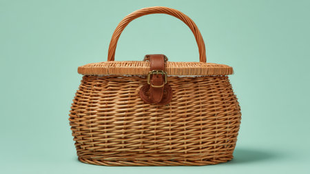 This woven basket features a charming design made from natural materials, perfect for storage or outdoor picnics. The leather detail adds a touch of elegance.の素材