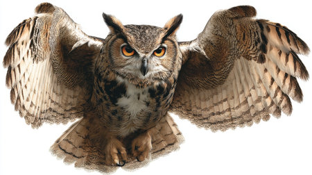 Stunning image of a majestic owl in full flight, showcasing its beautiful feathers and striking orange eyes, perfect for wildlife enthusiasts and nature lovers.の素材