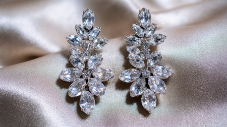 Vibrant and elegant silver earrings featuring a sparkling crystal design, beautifully showcased against a soft fabric background, ideal for fashion accessories.の素材