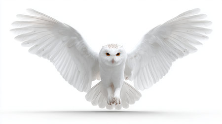 A stunning white owl captures attention as it soars gracefully through the air with its wings fully outstretched against a clean white background, showcasing its beauty and elegance.の素材