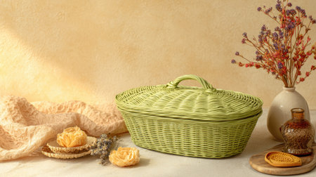 A beautifully arranged still life featuring a woven green basket with handles, enhanced by delicate flowers and natural elements, creating a cozy and inviting atmosphere.の素材