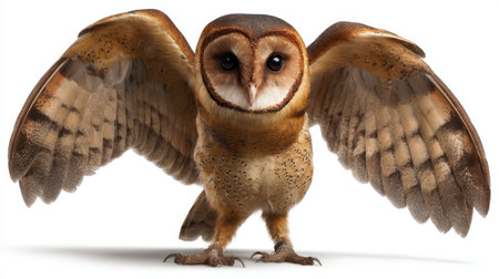 This stunning image captures a barn owl with its wings elegantly spread, showcasing the intricate details of its feathers in a natural environment.の素材