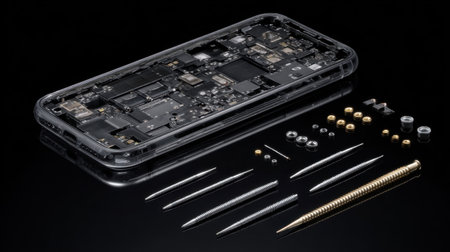 An artistic representation of a disassembled smartphone, showcasing its internal components. Various tools, screws, and metal pins are arranged on a sleek black surface, highlighting modern technology and intricate design. Perfect for tech enthusiasts and educational materials.の素材