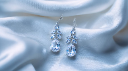 Discover a stunning pair of elegant silver earrings adorned with sparkling blue gemstones, perfectly framed against a soft satin fabric backdrop, ideal for enhancing any fashion-themed collection.の素材