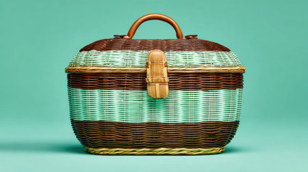 This vintage wicker picnic basket combines turquoise and brown colors, ideal for stylish outdoor gatherings, evoking memories of summer adventures.の素材