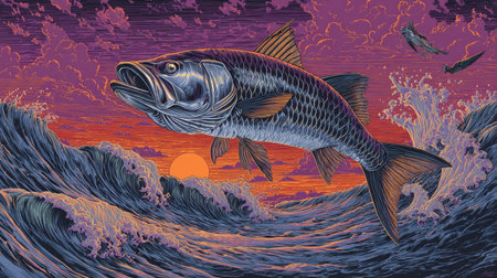 A stunning illustration of a fish leaping from turbulent waves, set against a colorful sunset sky. The vibrant colors and dynamic motion capture the energy of nature.の素材