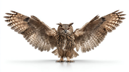 This stunning image features a majestic owl with outstretched wings, showcasing its intricate feathers and fierce expression, perfect for wildlife enthusiasts.の素材