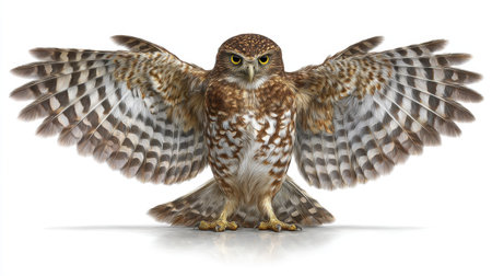 This captivating image features a majestic owl with its wings fully extended, showcasing intricate feather patterns and a piercing gaze. Ideal for nature enthusiasts.の素材