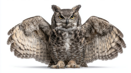 A striking image captures a majestic owl, displaying its outstretched wings with detailed feather patterns and intense gaze, symbolizing wildlife beauty.の素材