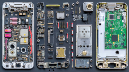 A meticulously arranged collection of disassembled smartphone components showcases various electronic parts and circuit boards on a sleek black background.の素材