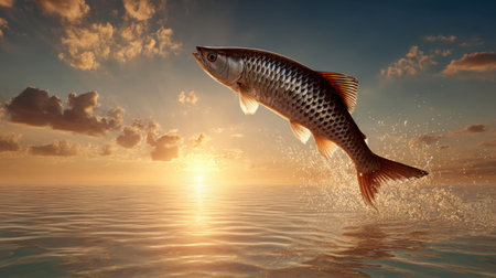A majestic fish leaps gracefully above the shimmering water at sunset, creating a captivating scene filled with energy, beauty, and tranquility in nature.の素材