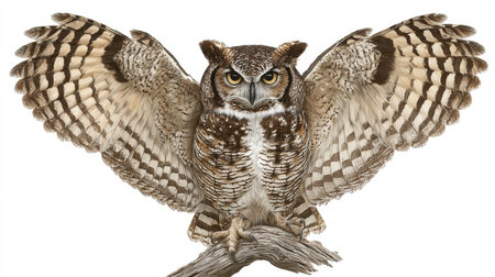 Captivating illustration of a majestic owl with outstretched wings, showcasing intricate feather details and fierce expression while perched on a tree branch.の素材