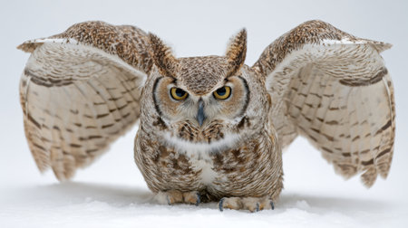 This stunning close-up photograph showcases a magnificent owl with its wings spread wide, perched in a serene snowy environment, perfect for wildlife enthusiasts.の素材