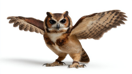 This captivating image features a majestic owl with its wings fully spread, showcasing stunning details of its feathers and intense gaze. The owl stands isolated on a white background, highlighting its natural beauty and grace, making it an ideal choice for wildlife enthusiasts and nature photography lovers.の素材