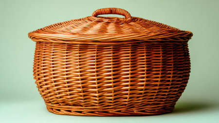 This beautiful woven rattan basket features a lid, providing ample storage or decorative potential for any room. Its unique texture and natural brown tone enhance home aesthetics.の素材