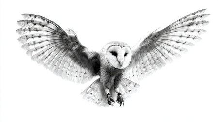 This striking black and white image captures a majestic owl in flight, showcasing its impressive wings and intricate feather details. Perfect for nature and wildlife aficionados!の素材
