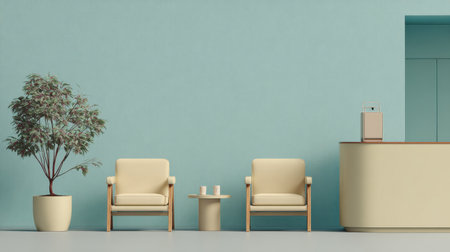 A serene and modern interior featuring light-colored chairs, a minimalist side table, lush greenery, and a soft blue wall, ideal for contemporary spaces.の素材