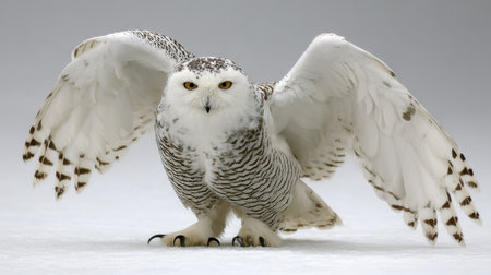 A striking snowy owl displays its wings, showcasing intricate feather patterns and vibrant eyes. This captivating image highlights the beauty and majesty of wildlife in a serene winter landscape.の素材