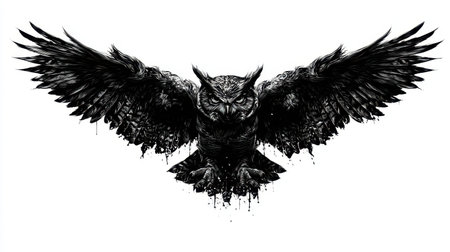 This striking black and white owl illustration features intricate details with outstretched wings and artistic dripping elements, evoking a powerful presence.の素材