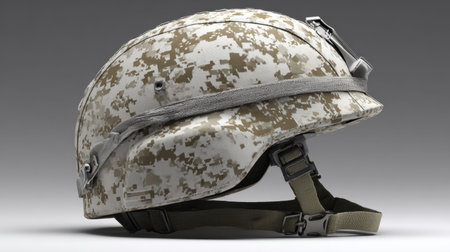This military combat helmet features a unique camouflage pattern designed for tactical operations and outdoor activities, ensuring safety and durability.の素材
