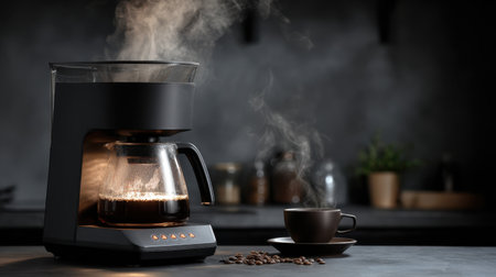 A sleek coffee maker brews rich coffee in a cozy kitchen. The steam rises from a filled cup, enhancing the inviting atmosphere for mornings.の素材