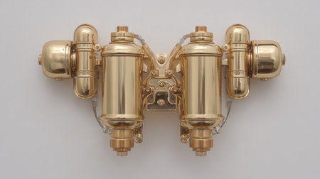 Captivating golden mechanical design reflecting steampunk style, ideal for art projects or vintage themes, showcasing intricate details and polished surfaces.の素材